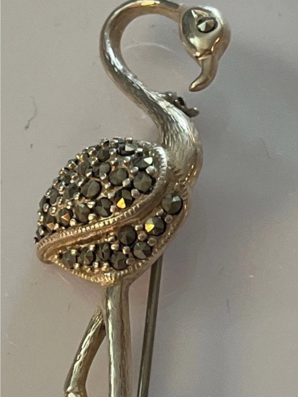 Vintage Sterling Silver Marcasite  Flamingo Brooch Pin stamped